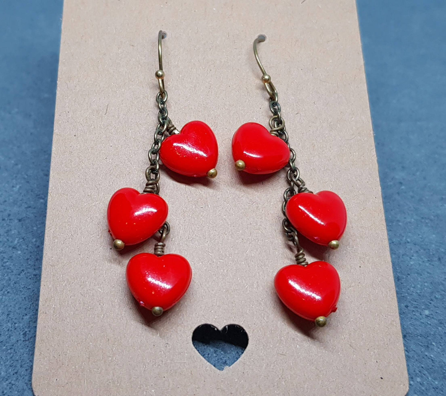 Red Heart Earrings, Hypoallergenic Ear Wires, Red Heart Earrings, Cascading Earrings, Vintage Style