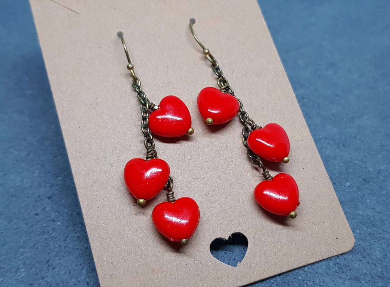Red Heart Earrings, Hypoallergenic Ear Wires, Red Heart Earrings, Cascading Earrings, Vintage Style