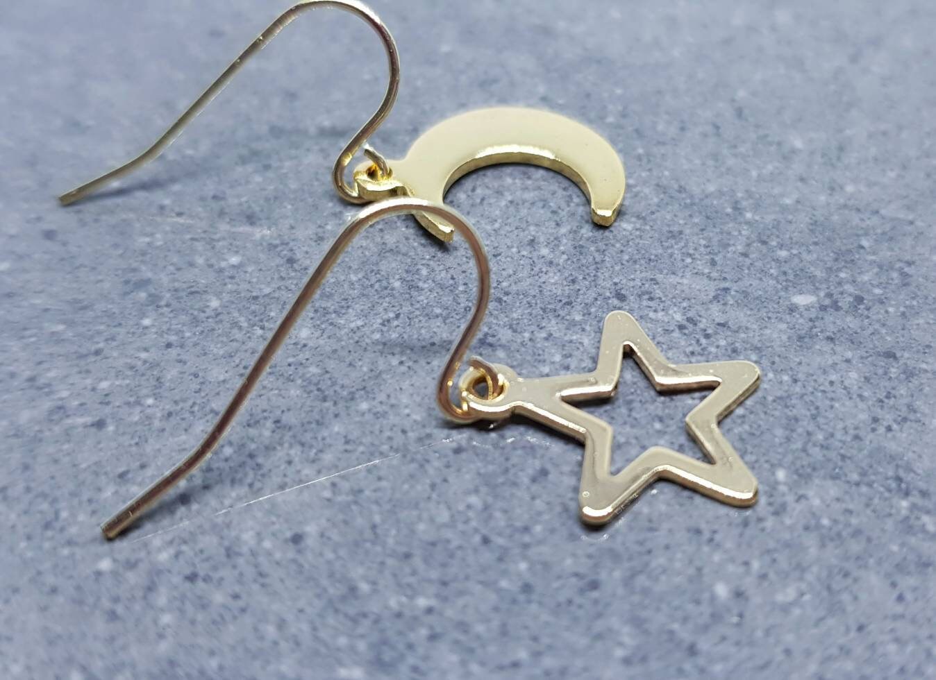 Crescent Moon and Star Earrings, Hypoallergenic Ear Wires, Gold Stainless Steel Earrings, Moon and Star Earrings