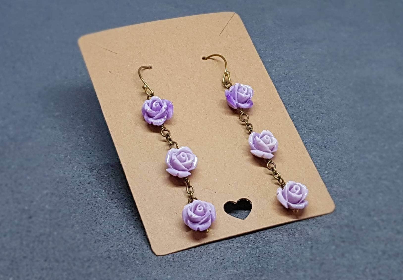 Rose Dangle Earrings, Hypoallergenic Ear Wires, Purple Earrings, Rose Earrings, Vintage Style Earrings