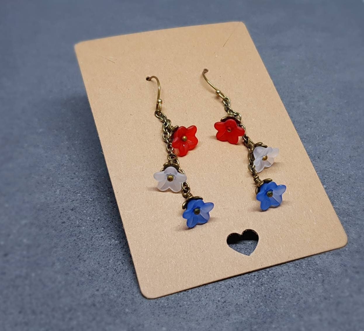 Flower Earrings, Hypoallergenic Ear Wires, Patriotic Earrings, Red, White and Blue
