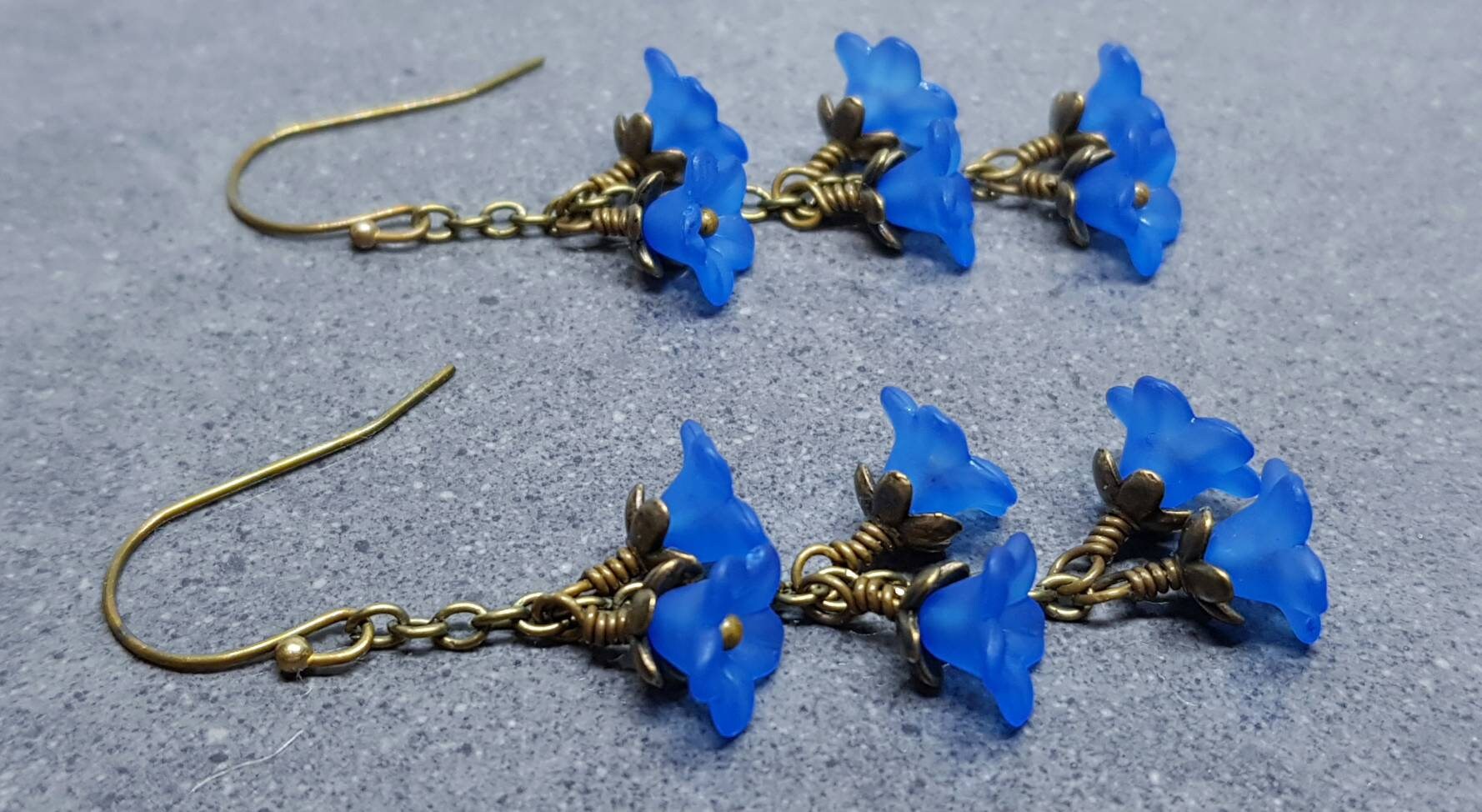 Flower Earrings, Hypoallergenic Ear Wires, Royal Blue Earrings, Boho Jewelry, Simple Vintage Earrings