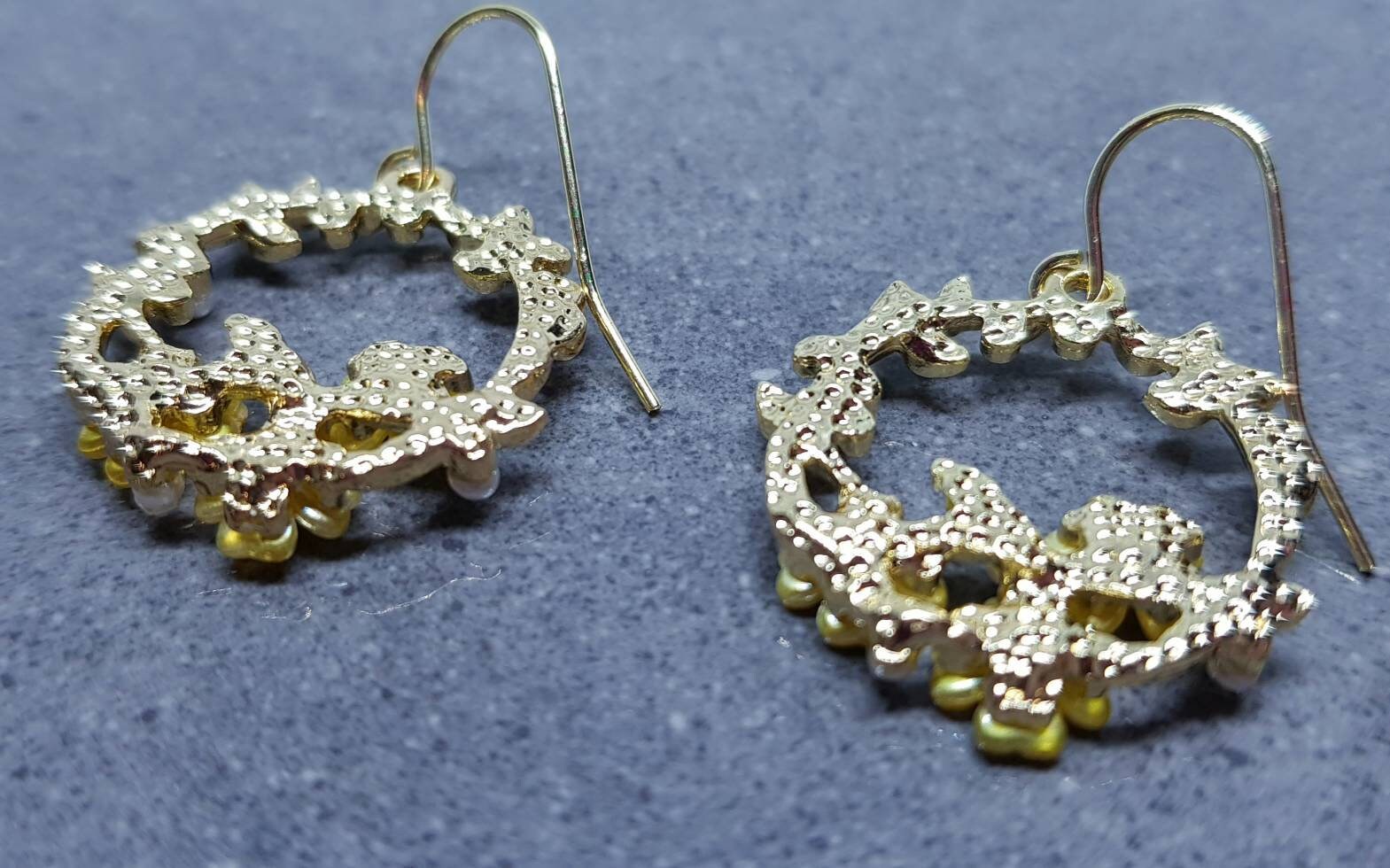 Flower Earrings, Hypoallergenic Ear Wires, Olive Branch Wreath Earrings, Gold Tone Earrings, Pearl Earrings
