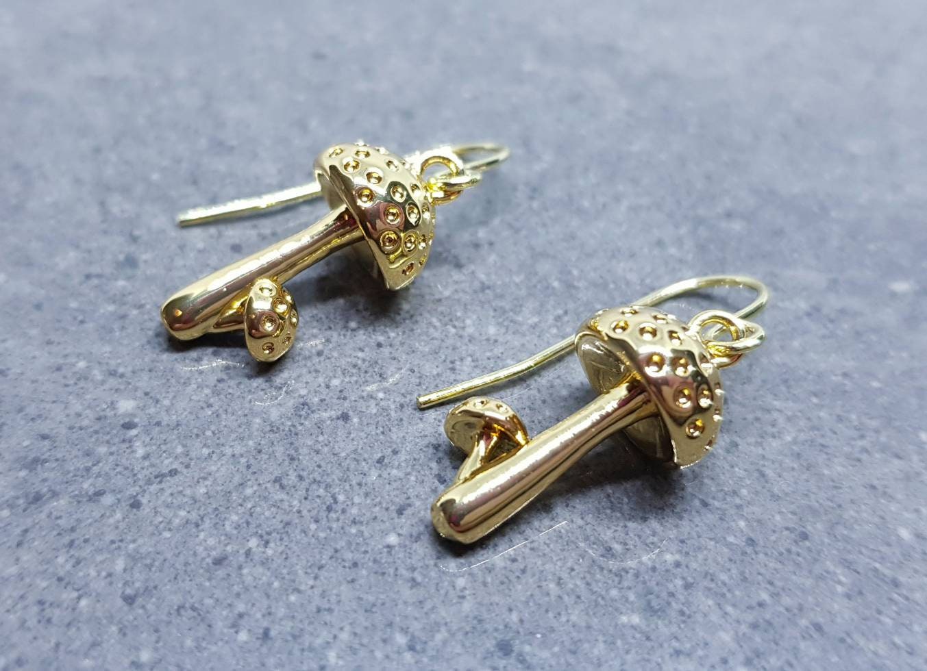 Mushroom Earrings, Hypoallergenic Ear Wires, Toad Stool Earrings, Gold Earrings, Gold Mushroom Earrings