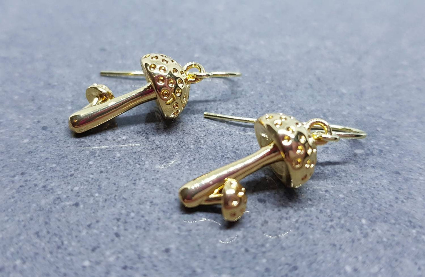 Mushroom Earrings, Hypoallergenic Ear Wires, Toad Stool Earrings, Gold Earrings, Gold Mushroom Earrings