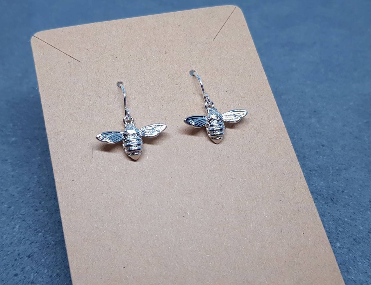 Bee Earrings, Hypoallergenic Ear Wires, Brass Bumble Bee Earrings, Nickel Free, Silver Earrings, Bee Lovers Earrings, Insect Earrings