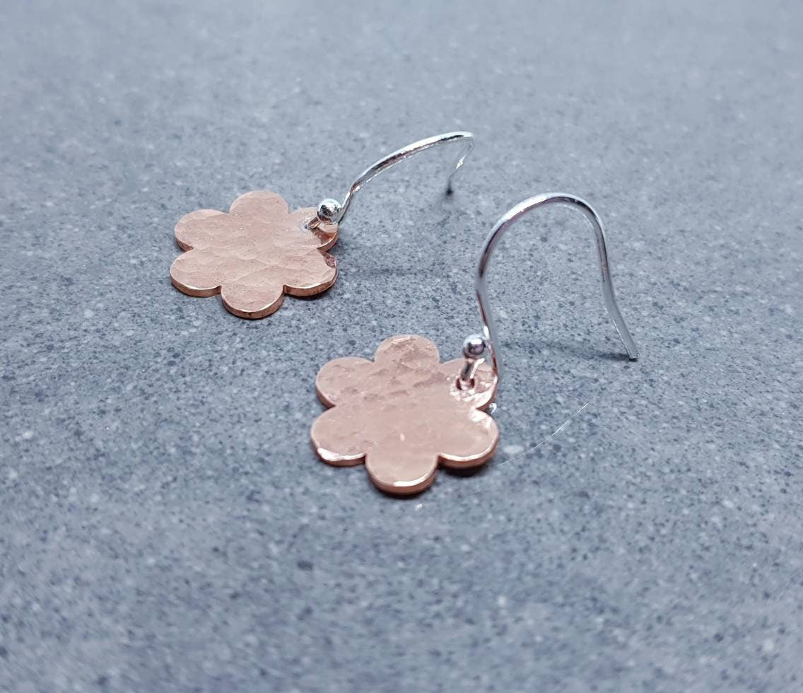 Daisy Earrings, Solid Copper Earrings, Sterling Silver Ear Wires, Copper Jewellery
