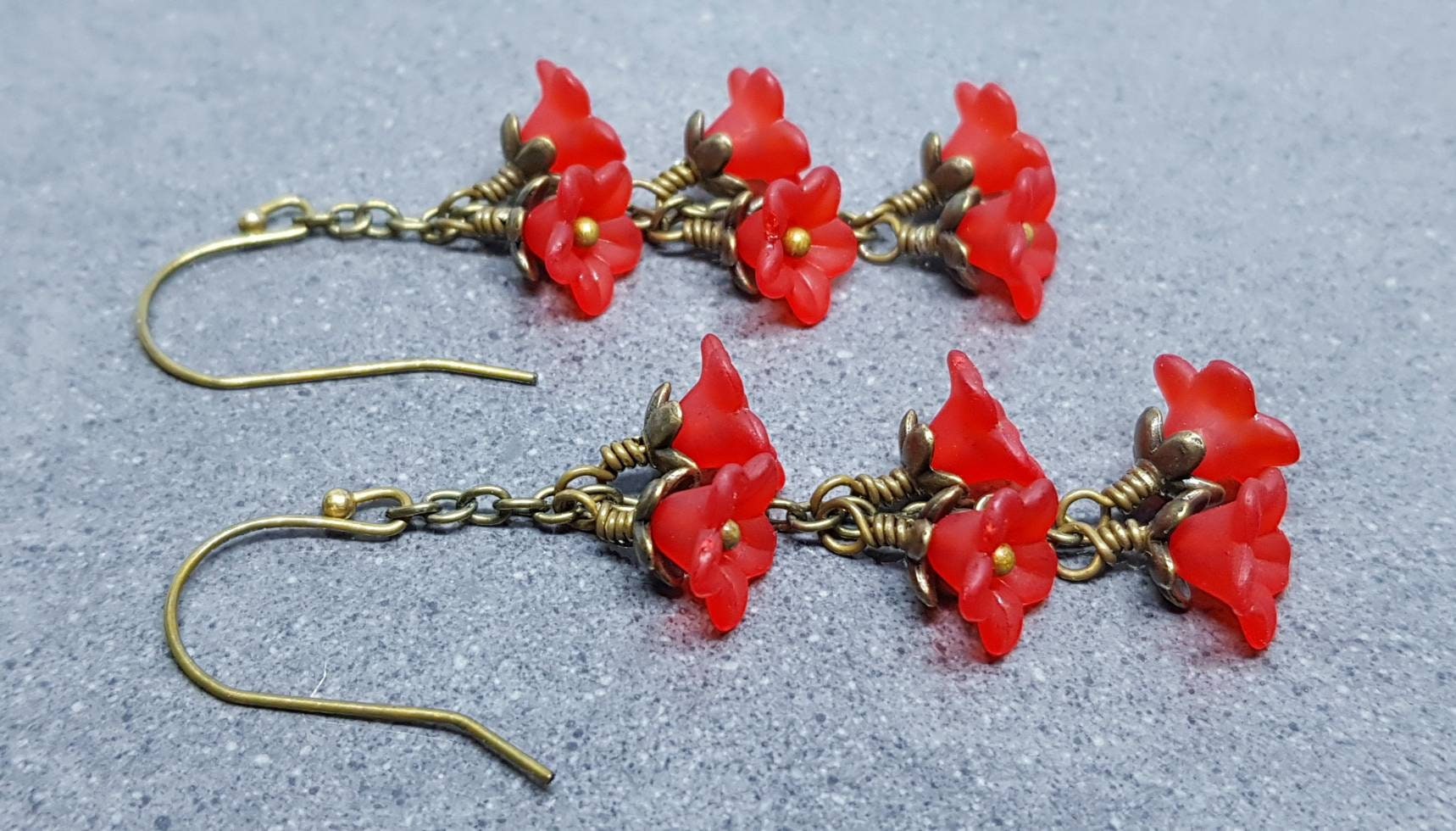 Flower Earrings, Hypoallergenic Ear Wires, Red Earrings, Boho Jewelry, Simple Vintage Earrings