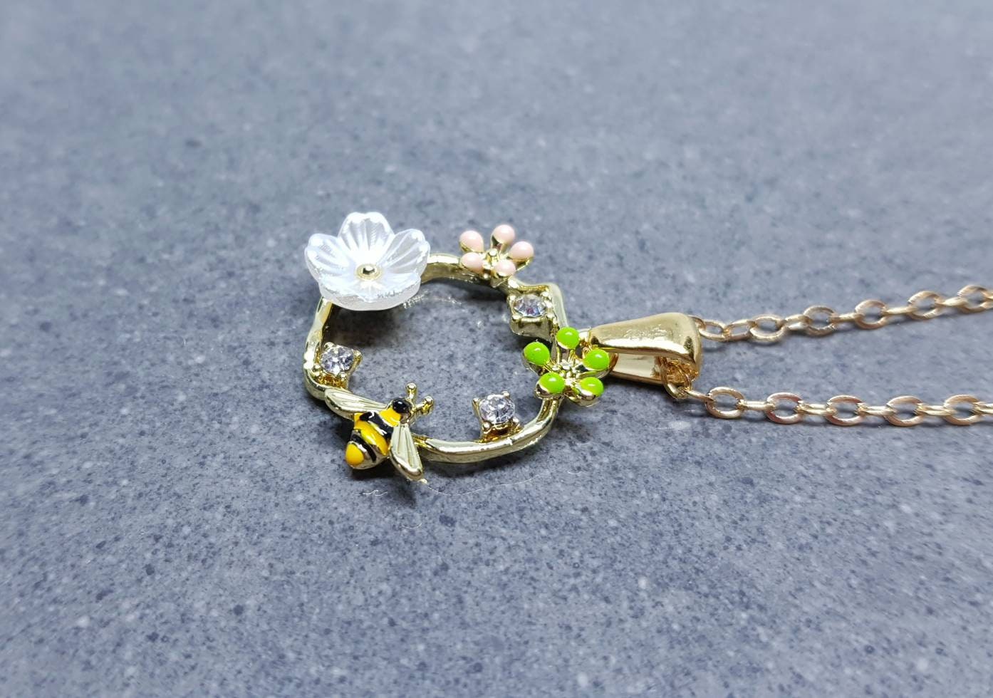 Bee Hoop Necklace, Choker, Bumble Bee Necklace, Gold Tone Necklace, Honey Bee, Flower Necklace