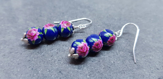 Royal Blue Glass Pearl Earrings, Vintage Rose Earrings, Glass bead Jewelry, Blue Earrings, Hypoallergenic