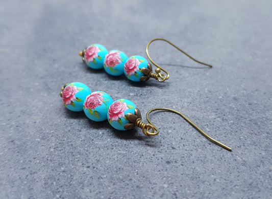 Blue Glass Pearl Earrings, Vintage Rose Earrings, Glass bead Jewelry, Pale blue Earrings, Hypoallergenic