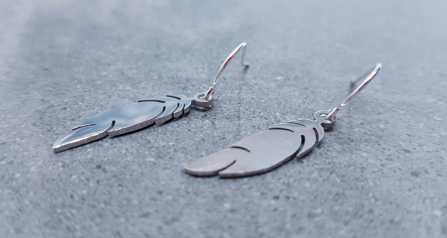 Feather Earrings, Hypoallergenic Ear Wires, Silver Feather Earrings, Stainless Steel Jewellery, Stainless Steel Feather Earrings