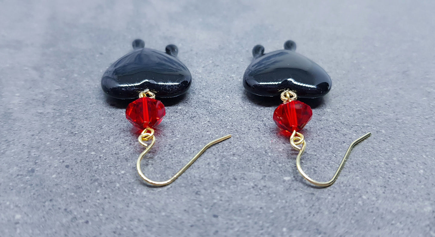 Black Heart Earrings, Red PRIMERO Crystals® Earrings, Hypoallergenic Ear Wires, Gothic Jewellery, Halloween Earrings, Dripping Heart