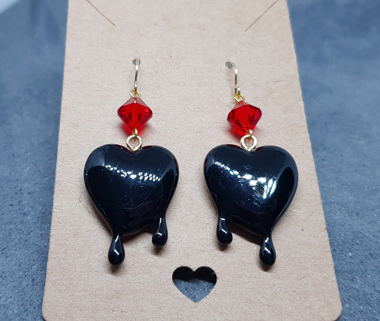 Black Heart Earrings, Red PRIMERO Crystals® Earrings, Hypoallergenic Ear Wires, Gothic Jewellery, Halloween Earrings, Dripping Heart
