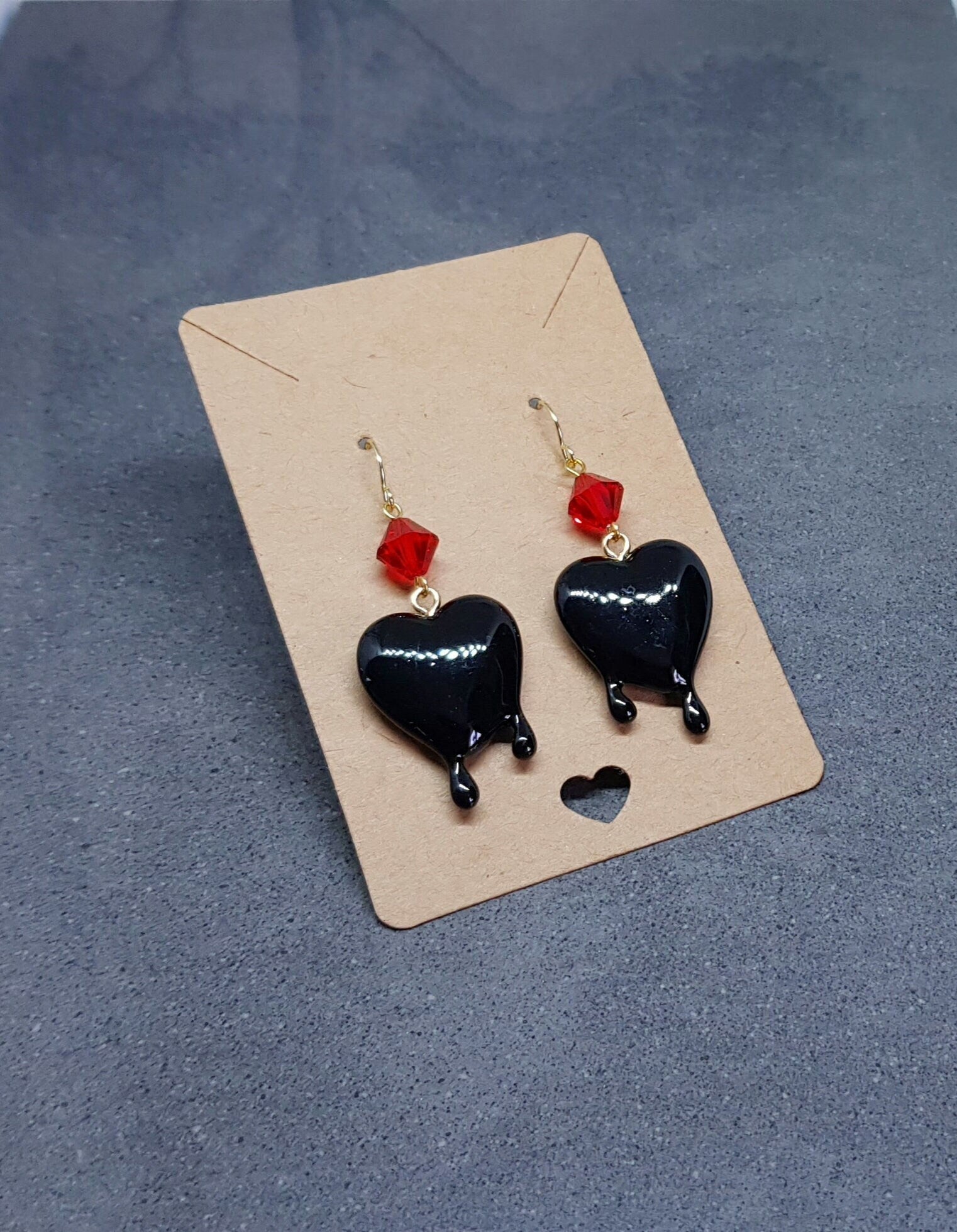 Black Heart Earrings, Red PRIMERO Crystals® Earrings, Hypoallergenic Ear Wires, Gothic Jewellery, Halloween Earrings, Dripping Heart
