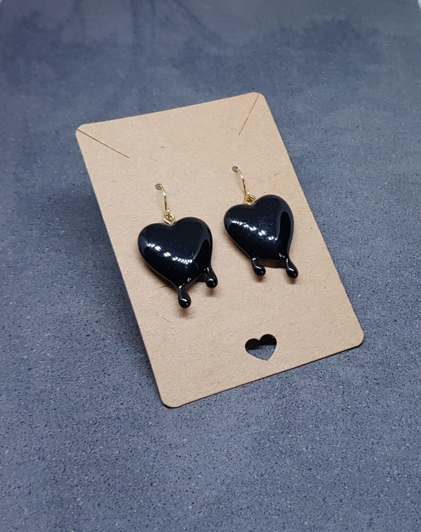 Black Heart Earrings, Hypoallergenic Ear Wires, Gothic Jewellery, Halloween Earrings, Dripping Heart