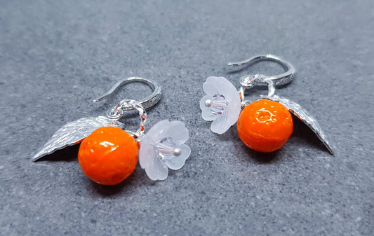 Glass Orange Fruit Earrings, Hypoallergenic Ear Wires, Flower Earrings, Glass Earrings, PRIMERO Crystals®, Gift for her