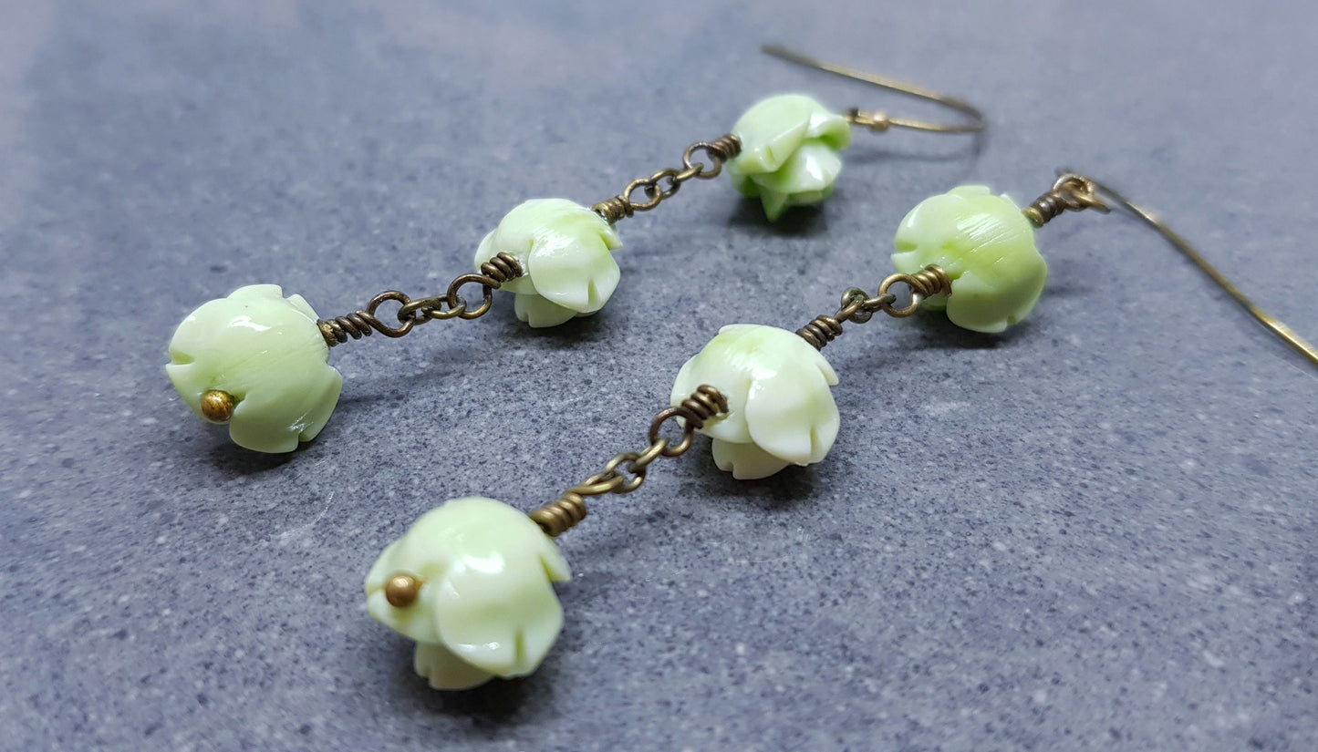 Rose Dangle Earrings, Hypoallergenic Ear Wires, Green Earrings, Rose Earrings, Vintage Style Earrings