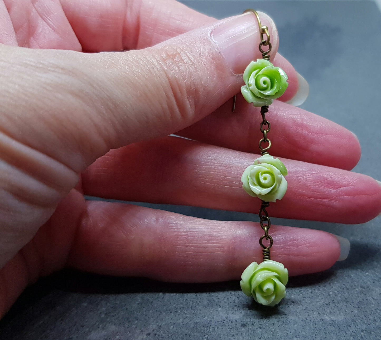 Rose Dangle Earrings, Hypoallergenic Ear Wires, Green Earrings, Rose Earrings, Vintage Style Earrings