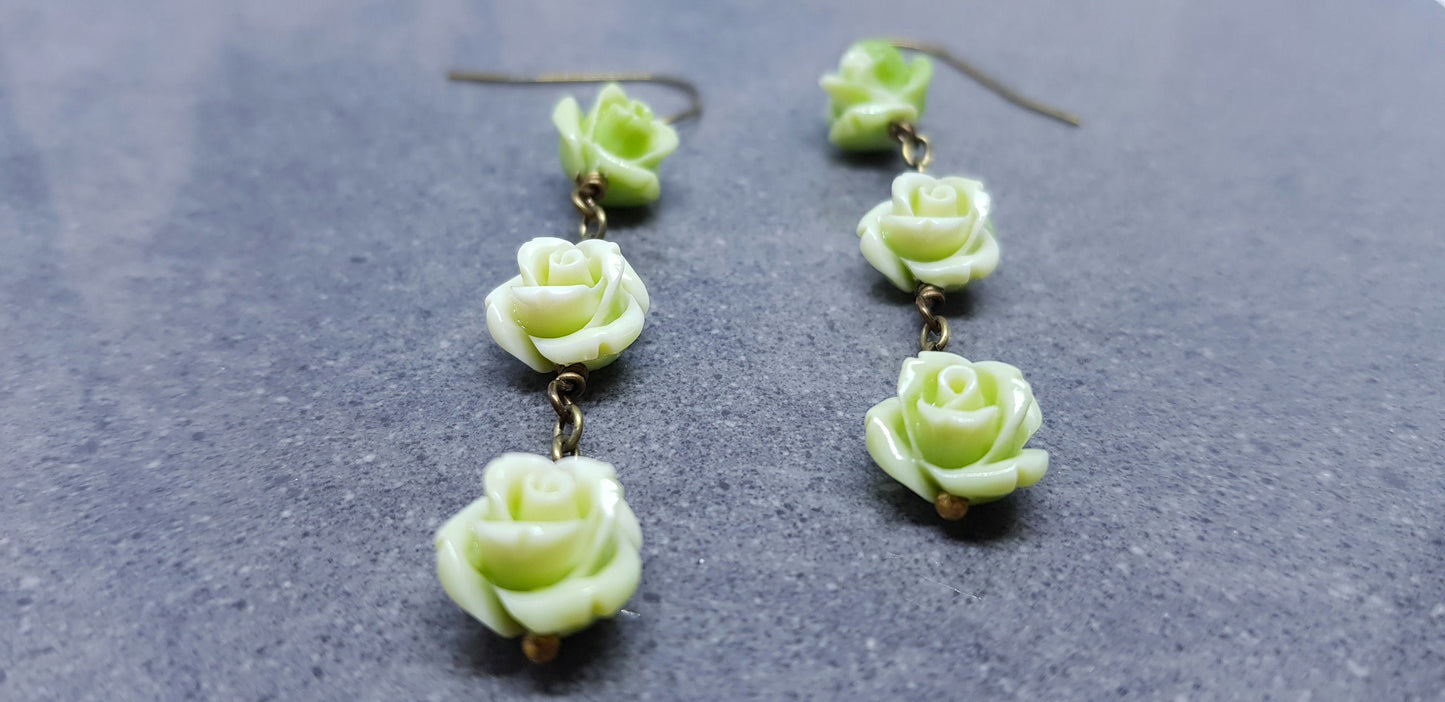 Rose Dangle Earrings, Hypoallergenic Ear Wires, Green Earrings, Rose Earrings, Vintage Style Earrings