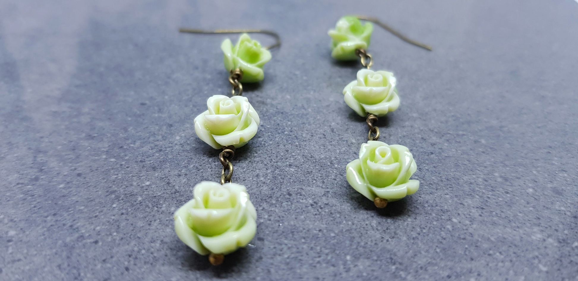 Rose Dangle Earrings, Hypoallergenic Ear Wires, Green Earrings, Rose Earrings, Vintage Style Earrings