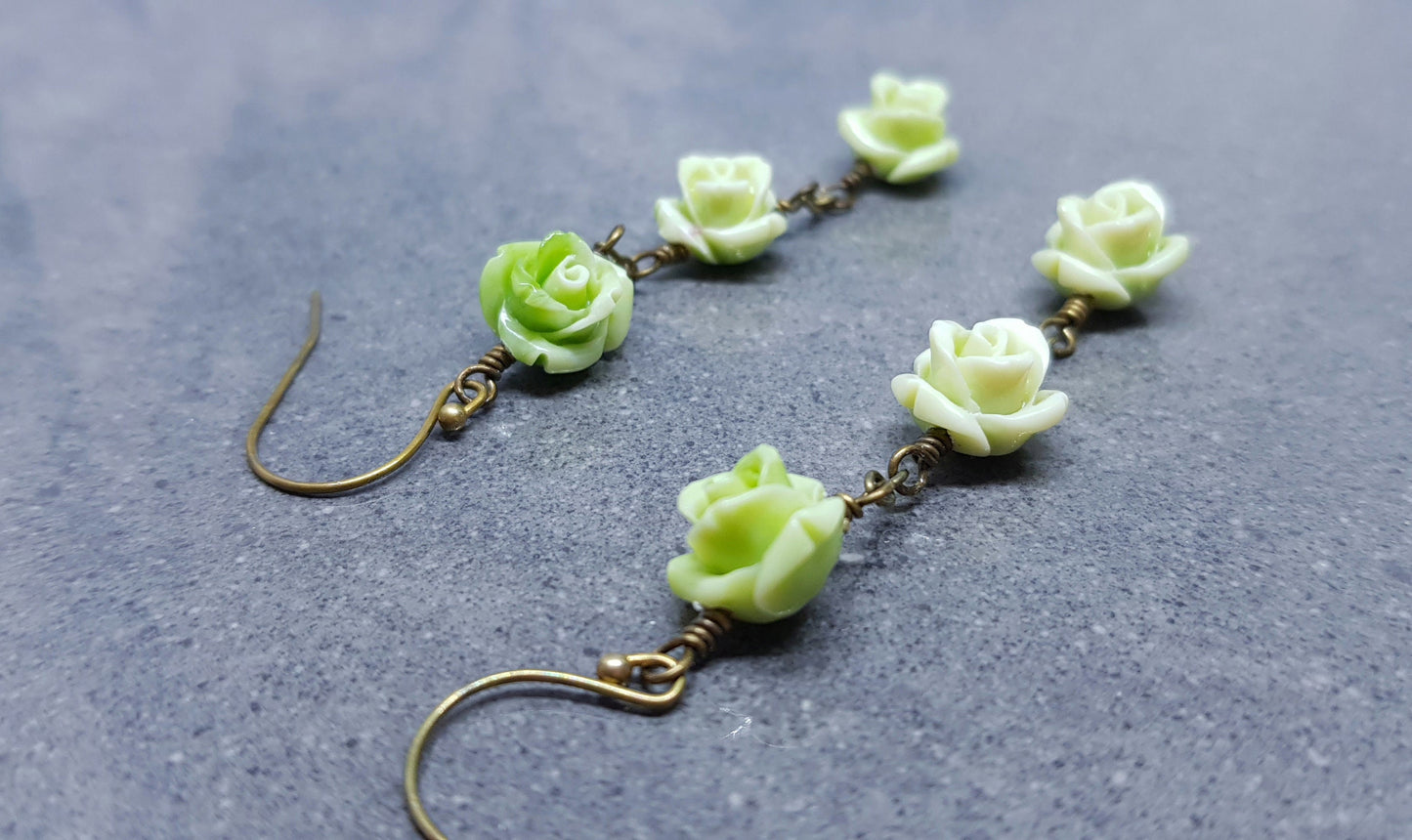 Rose Dangle Earrings, Hypoallergenic Ear Wires, Green Earrings, Rose Earrings, Vintage Style Earrings