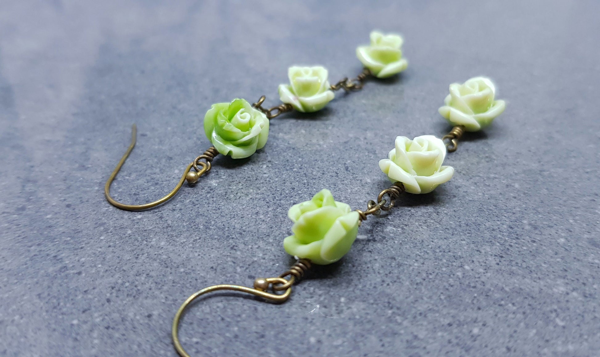 Rose Dangle Earrings, Hypoallergenic Ear Wires, Green Earrings, Rose Earrings, Vintage Style Earrings