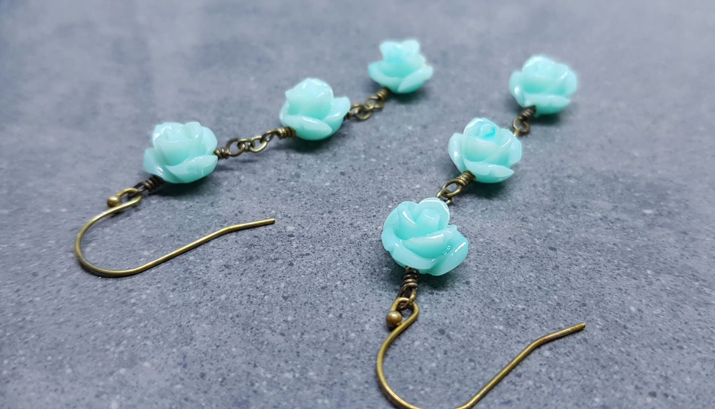 Rose Dangle Earrings, Hypoallergenic Ear Wires, Teal Green Earrings, Rose Earrings, Vintage Style Earrings