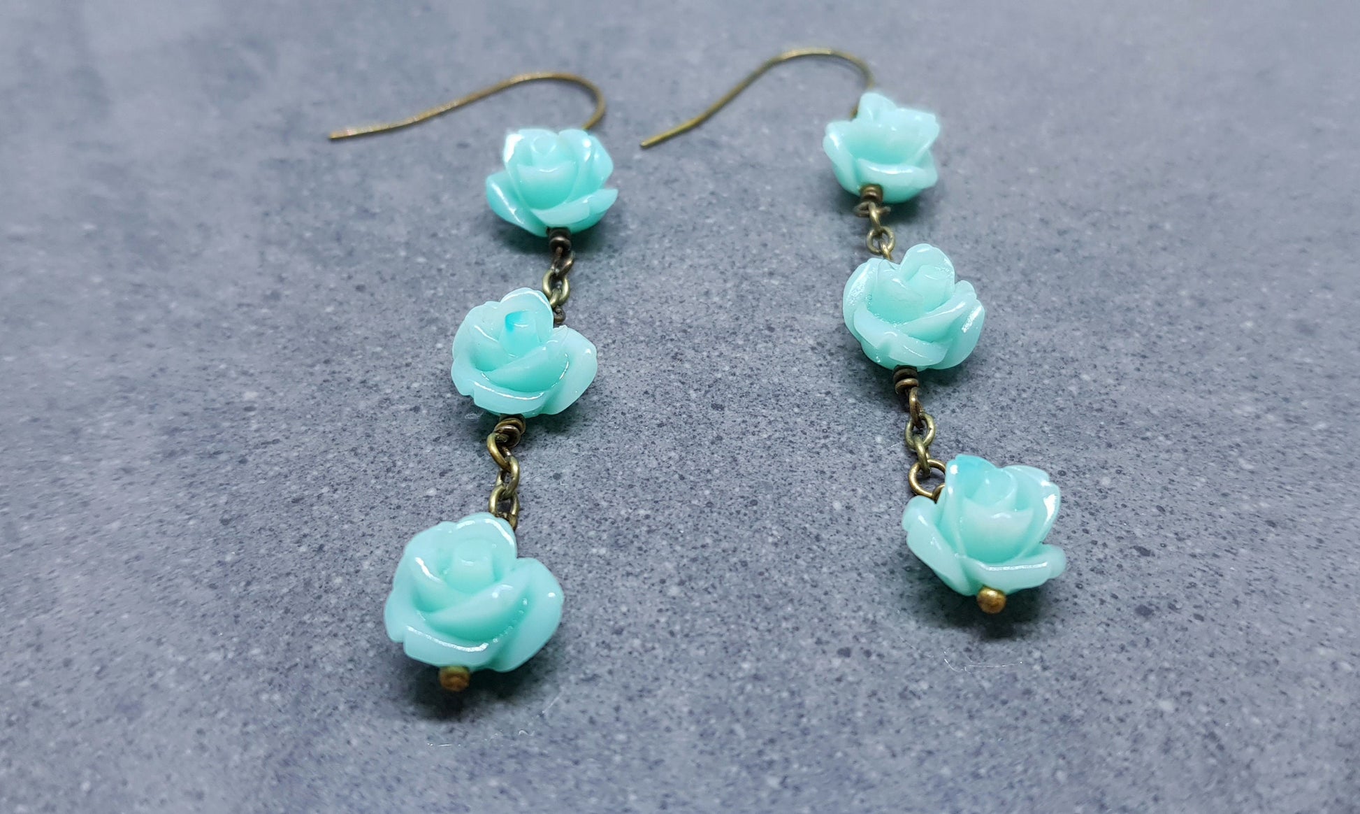 Rose Dangle Earrings, Hypoallergenic Ear Wires, Teal Green Earrings, Rose Earrings, Vintage Style Earrings