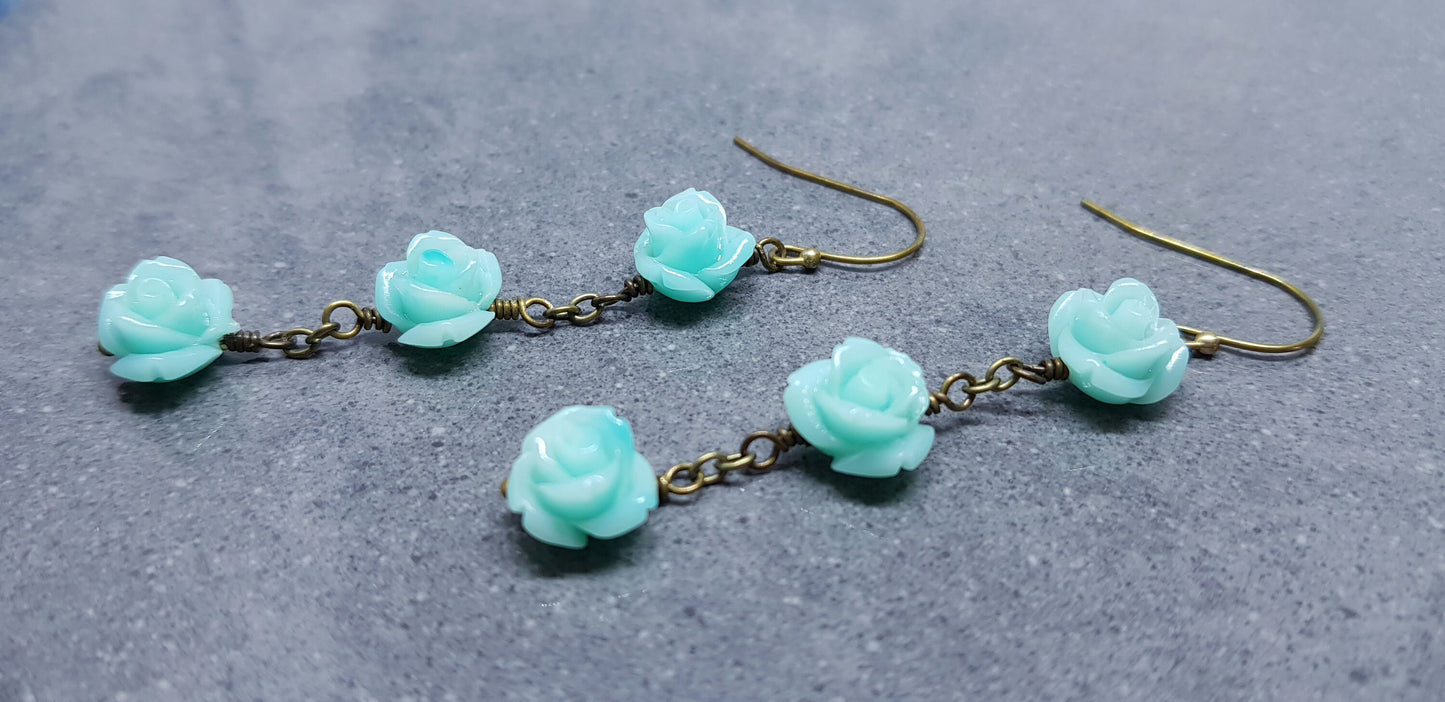 Rose Dangle Earrings, Hypoallergenic Ear Wires, Teal Green Earrings, Rose Earrings, Vintage Style Earrings