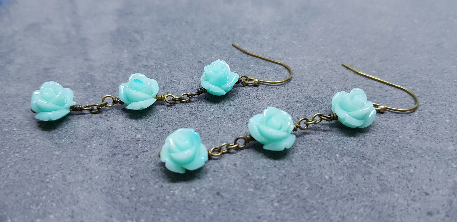 Rose Dangle Earrings, Hypoallergenic Ear Wires, Teal Green Earrings, Rose Earrings, Vintage Style Earrings