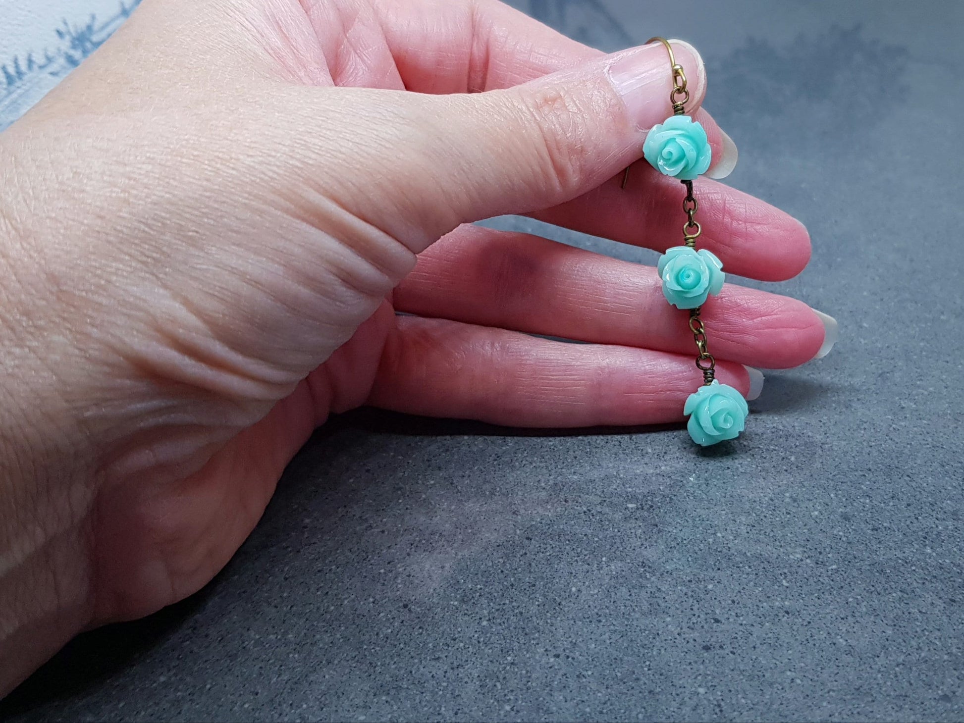 Rose Dangle Earrings, Hypoallergenic Ear Wires, Teal Green Earrings, Rose Earrings, Vintage Style Earrings