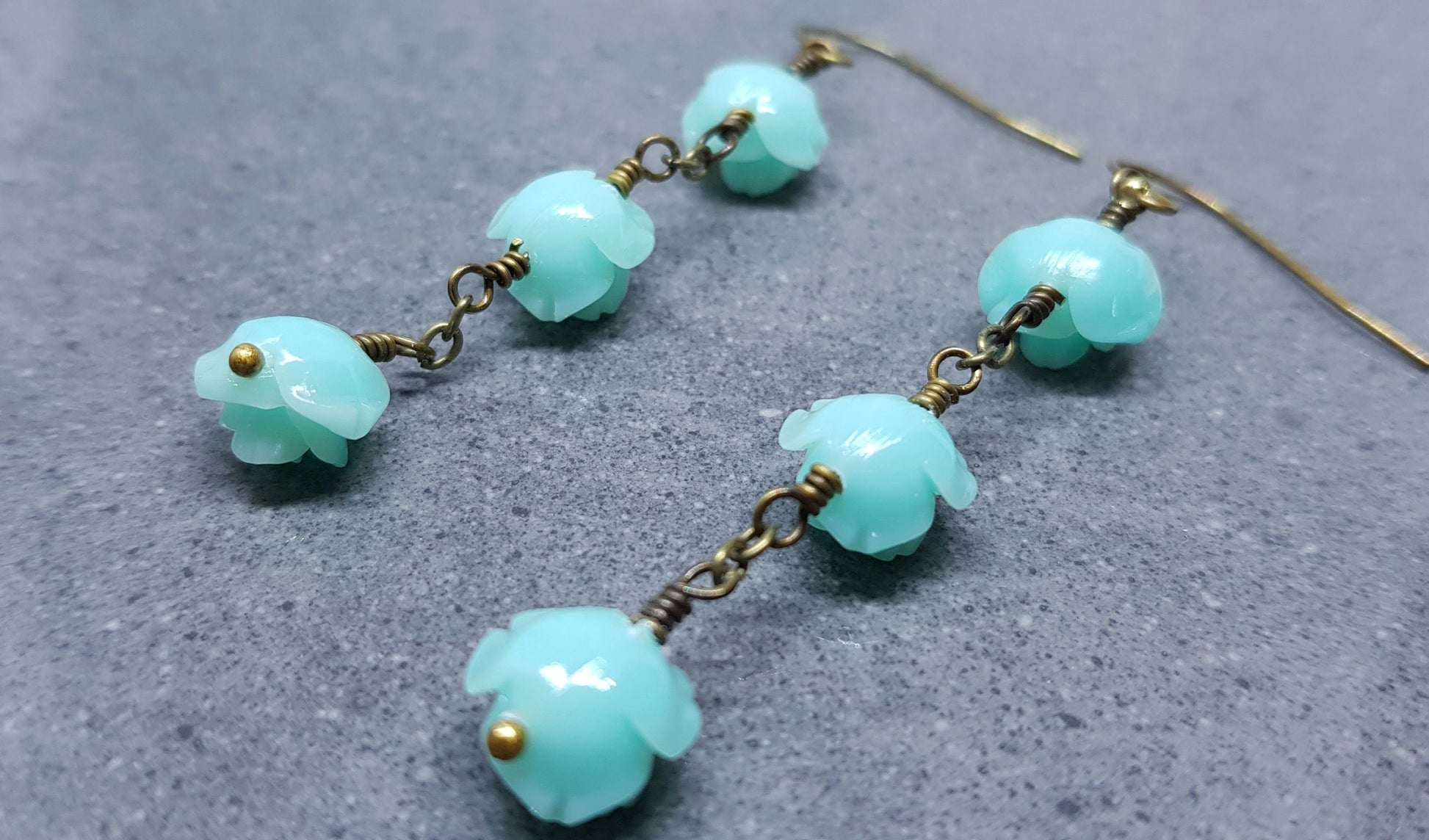 Rose Dangle Earrings, Hypoallergenic Ear Wires, Teal Green Earrings, Rose Earrings, Vintage Style Earrings