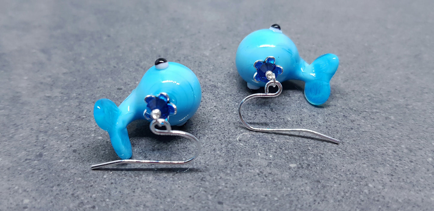 Glass Whale Earrings, Glass Earrings, Turquoise Whale, PRIMERO Crystals® Jewelry, Hypoallergenic Ear Wires