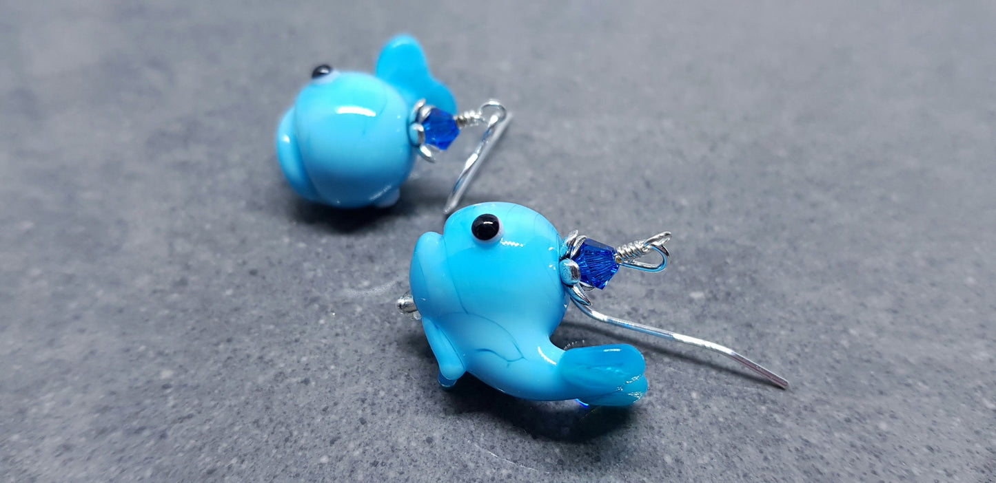 Glass Whale Earrings, Glass Earrings, Turquoise Whale, PRIMERO Crystals® Jewelry, Hypoallergenic Ear Wires