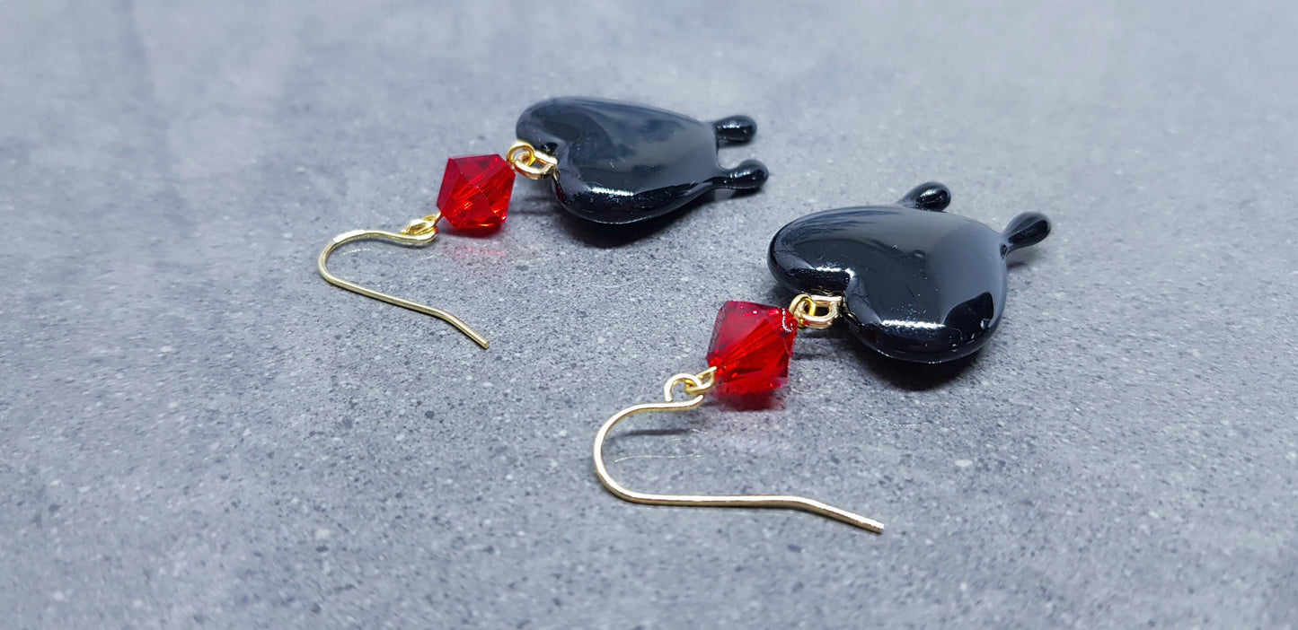 Black Heart Earrings, Red PRIMERO Crystals® Earrings, Hypoallergenic Ear Wires, Gothic Jewellery, Halloween Earrings, Dripping Heart
