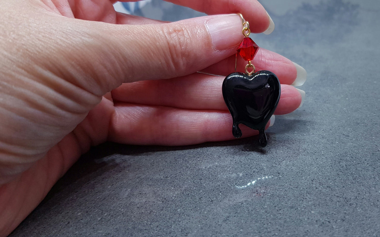 Black Heart Earrings, Red PRIMERO Crystals® Earrings, Hypoallergenic Ear Wires, Gothic Jewellery, Halloween Earrings, Dripping Heart