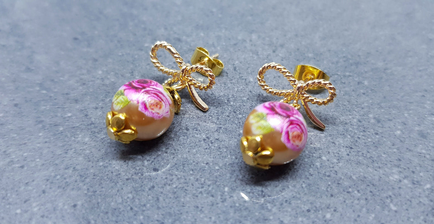 Glass Gold Rose Earrings, Glass Pearl Earrings, Brass bow studs, Pink Rose Jewellery, Vintage Style Earrings