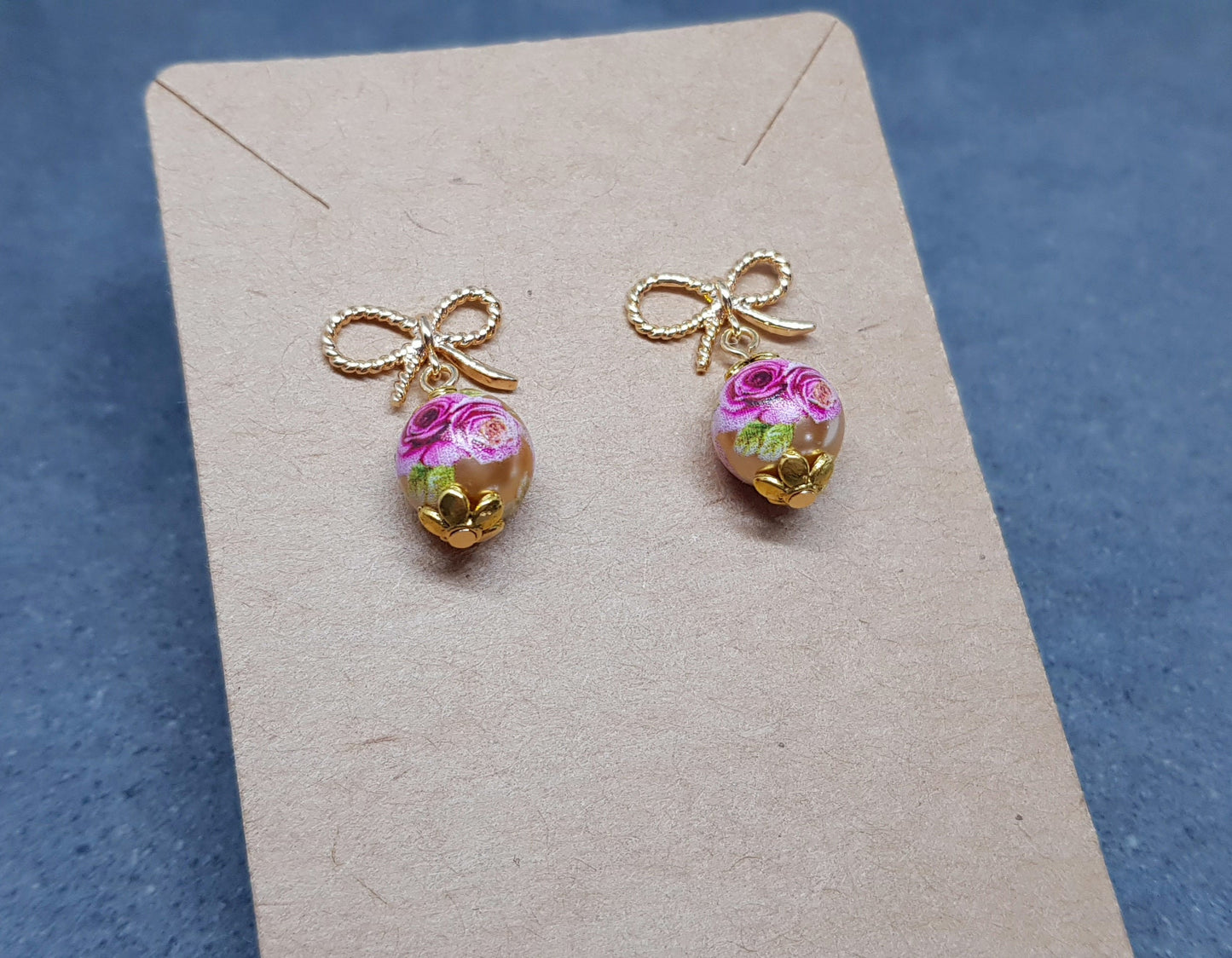 Glass Gold Rose Earrings, Glass Pearl Earrings, Brass bow studs, Pink Rose Jewellery, Vintage Style Earrings