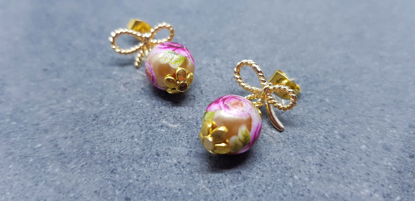 Glass Gold Rose Earrings, Glass Pearl Earrings, Brass bow studs, Pink Rose Jewellery, Vintage Style Earrings