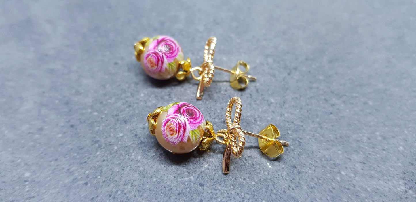 Glass Gold Rose Earrings, Glass Pearl Earrings, Brass bow studs, Pink Rose Jewellery, Vintage Style Earrings