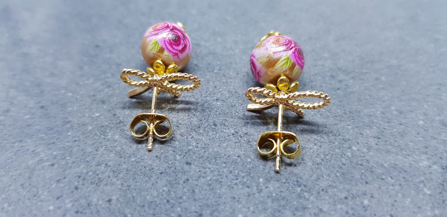 Glass Gold Rose Earrings, Glass Pearl Earrings, Brass bow studs, Pink Rose Jewellery, Vintage Style Earrings