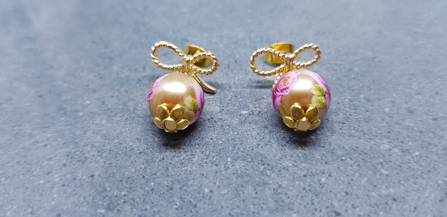 Glass Gold Rose Earrings, Glass Pearl Earrings, Brass bow studs, Pink Rose Jewellery, Vintage Style Earrings