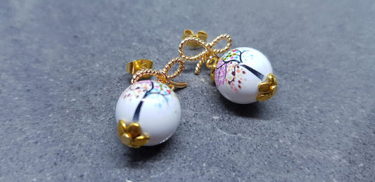 Glass Pearl Earrings, Tree Earrings, Tree of Life Jewellery, Ever Changing Tree of Life Earrings, Brass Gold Bow Studs