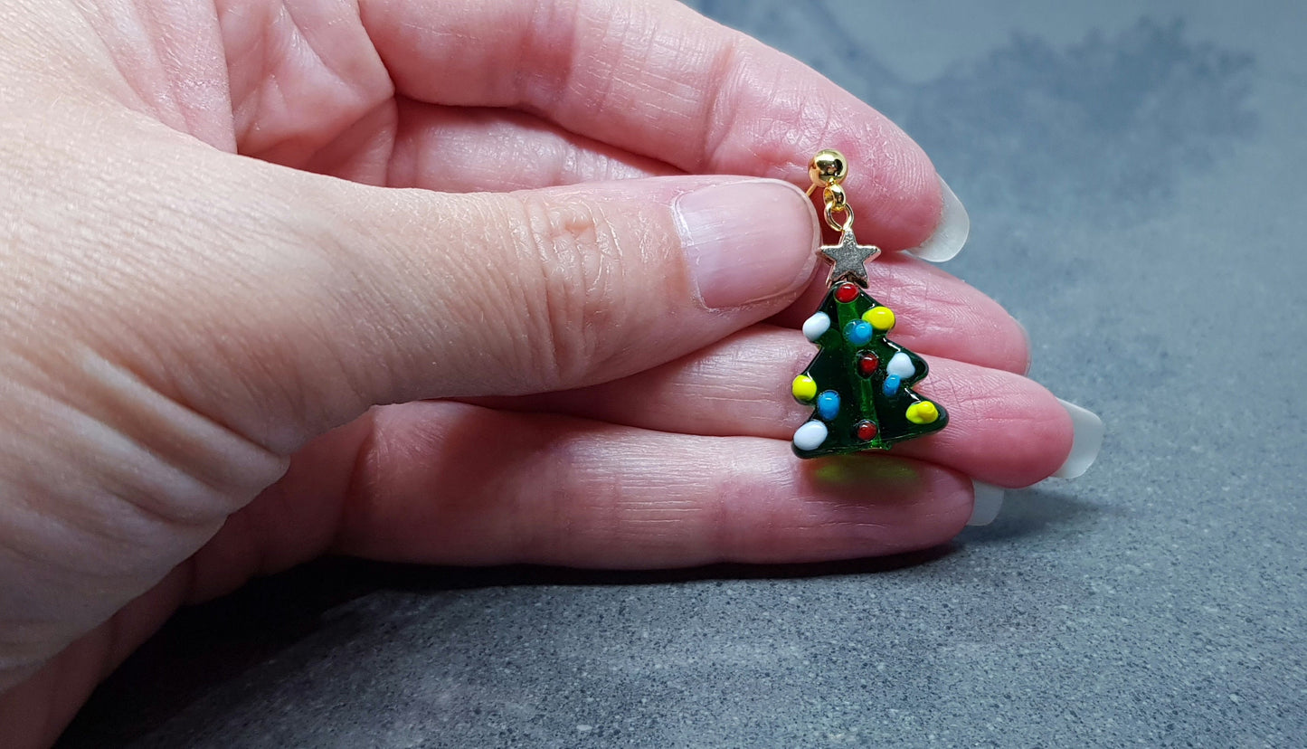 Glass Christmas Tree Earrings, Glass Christmas Tree Jewellery, Surgical Steel Studs, Christmas Earrings, Festive Earrings