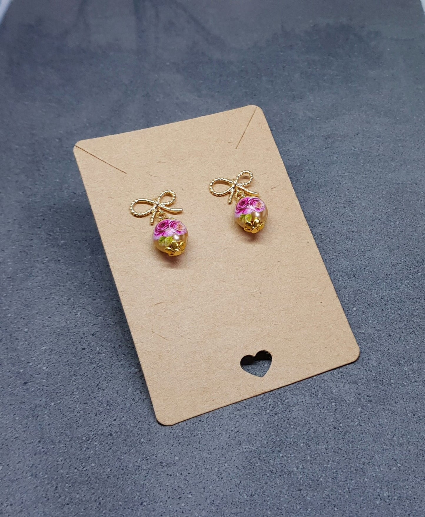 Glass Gold Rose Earrings, Glass Pearl Earrings, Brass bow studs, Pink Rose Jewellery, Vintage Style Earrings