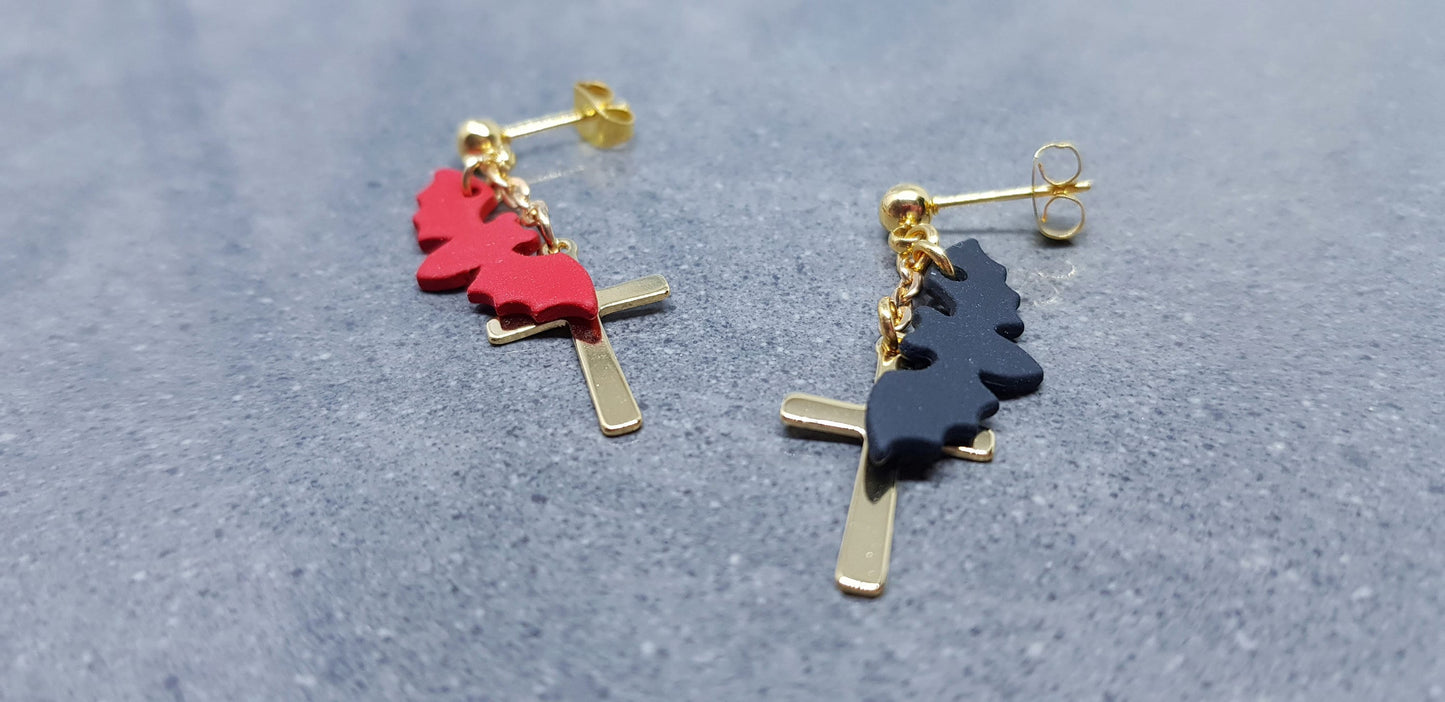 Gold Cross Earrings, Bat Earrings, Surgical Steel Studs, Stainless Steel, Cross Earrings, Cross Jewelry, Gothic Jewelry, Halloween Jewelry