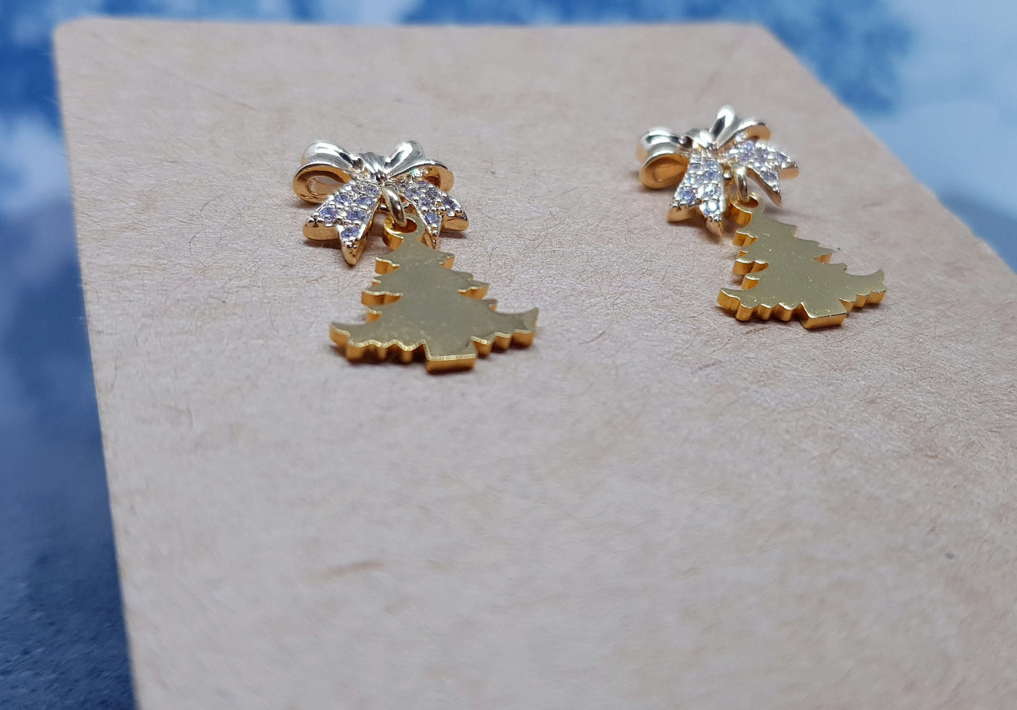 Christmas Tree Earrings, Brass Bow Micro Pave Studs, Christmas Earrings, Festive Earrings, Gold Christmas Tree