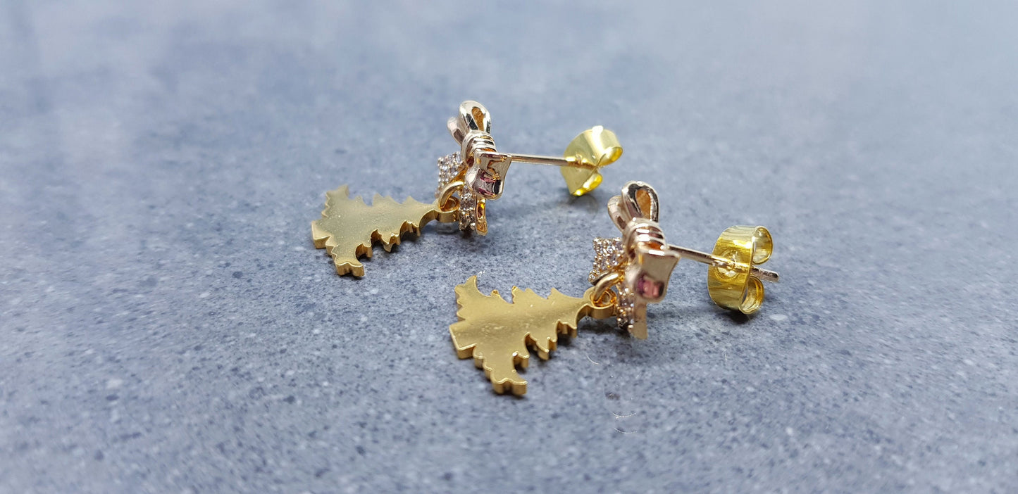 Christmas Tree Earrings, Brass Bow Micro Pave Studs, Christmas Earrings, Festive Earrings, Gold Christmas Tree