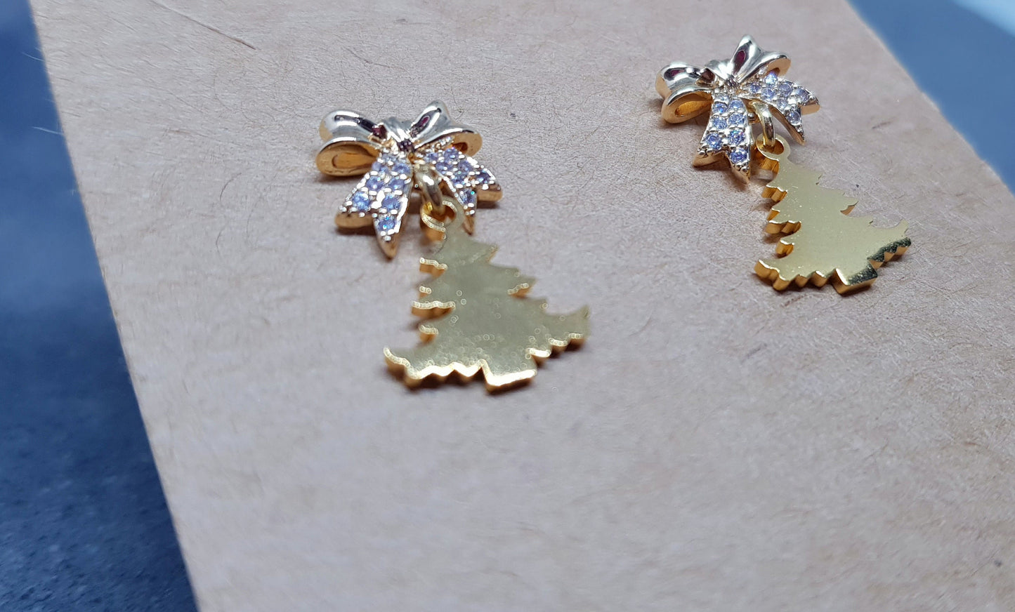 Christmas Tree Earrings, Brass Bow Micro Pave Studs, Christmas Earrings, Festive Earrings, Gold Christmas Tree